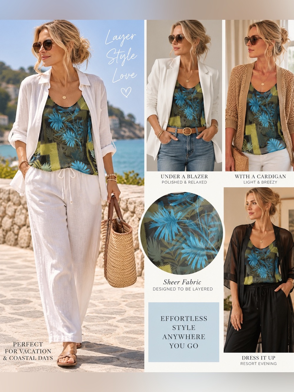 Sheer Tropical Floral Tank Coverup in Blue & Green